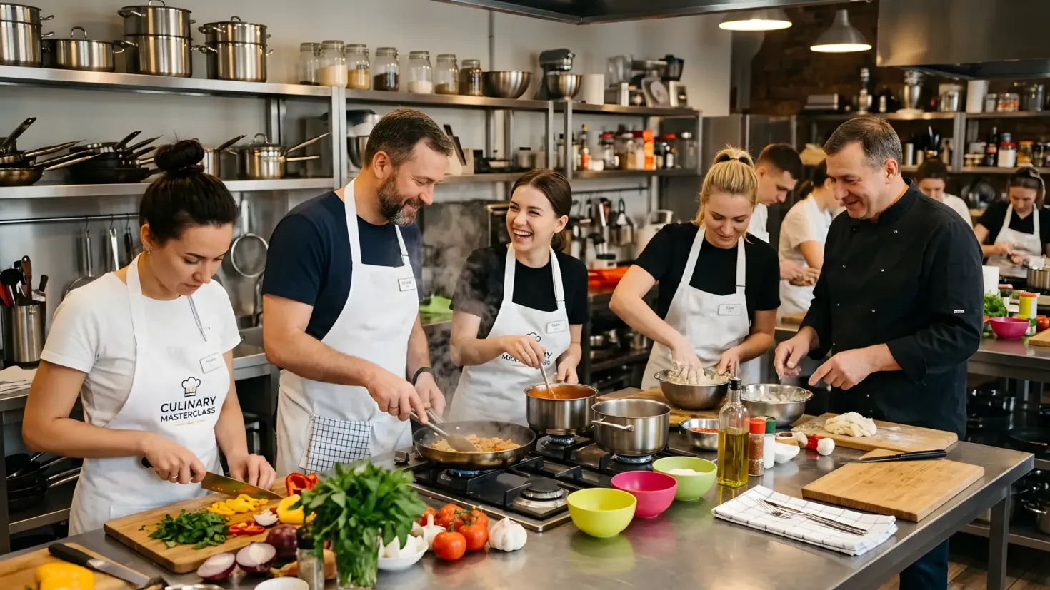 Five diverse people in aprons cooking together at a bright culinary masterclass in a modern kitchen.
