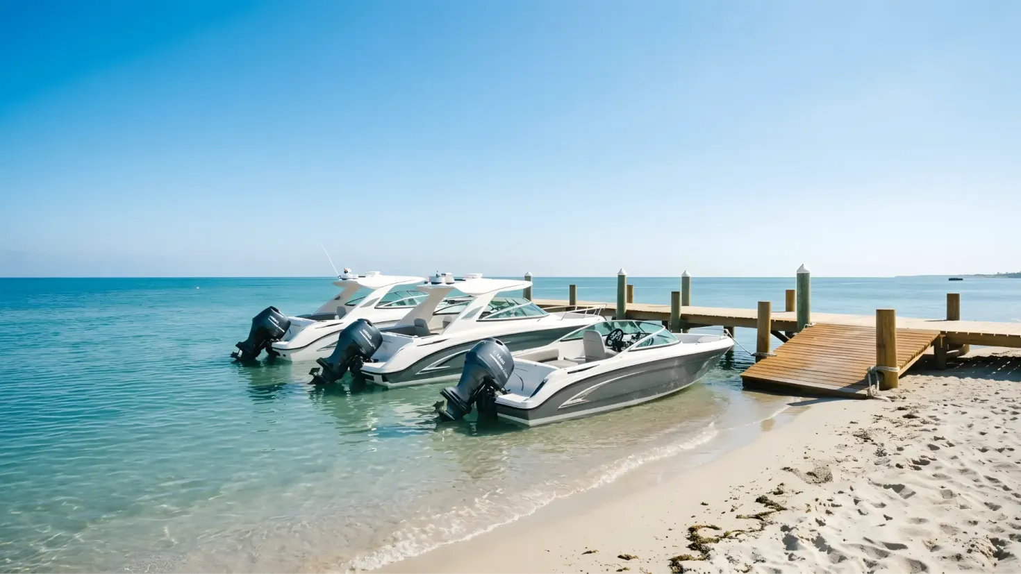 Modern boats at dock ready for rental.