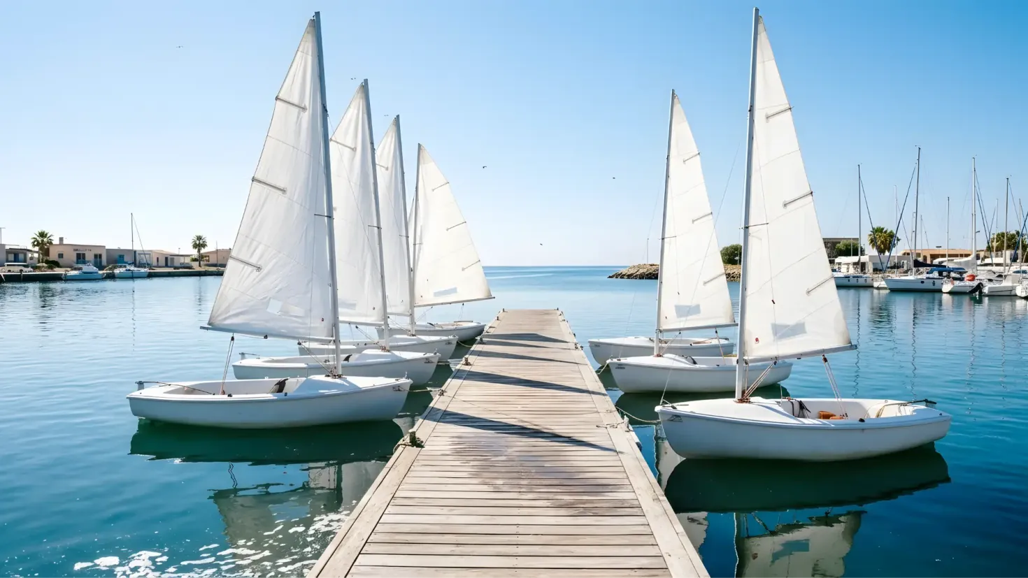 Small white sailboats docked at a wooden pier for sailing lessons.