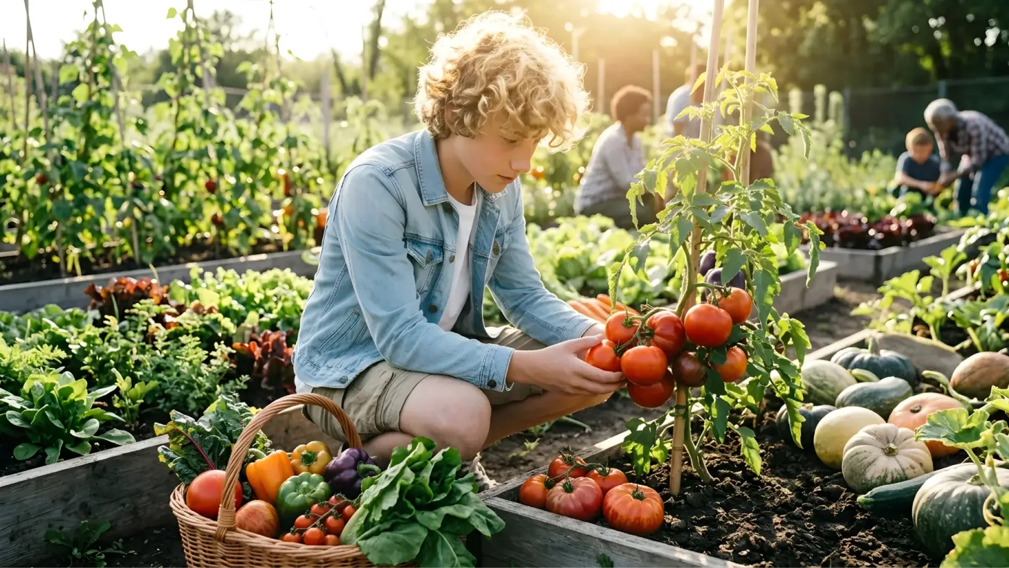 Teen boy growing and picking fresh vegetables in his backyard garden project.