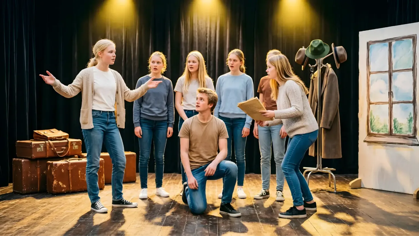 Teenagers rehearsing a play in a theater studio - drama class with 7 students on stage.
