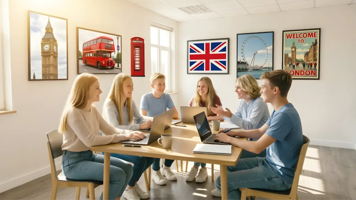 Teenagers in English language club with British-themed decorations - Big Ben, London Eye posters on walls.