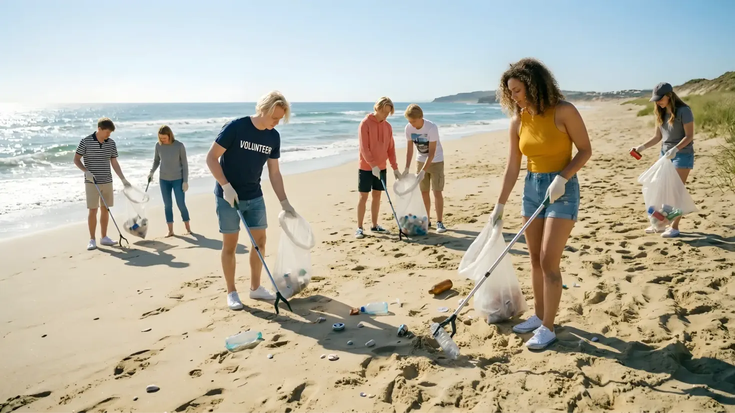 Teenage volunteers cleaning up a sandy beach with trash bags and grabbers - beach cleanup event.