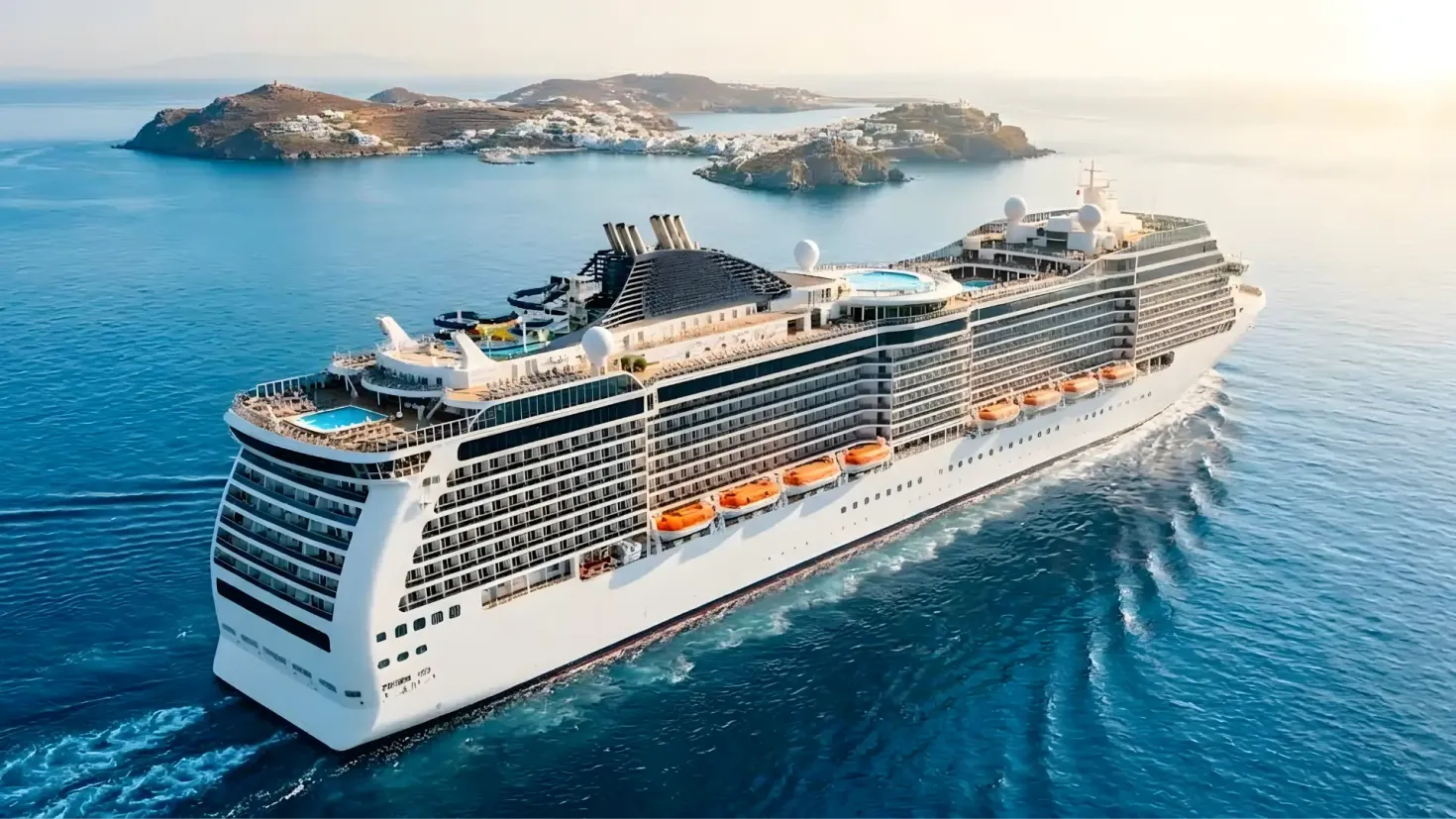 Large white cruise ship sailing on the blue ocean with mountains in the background.