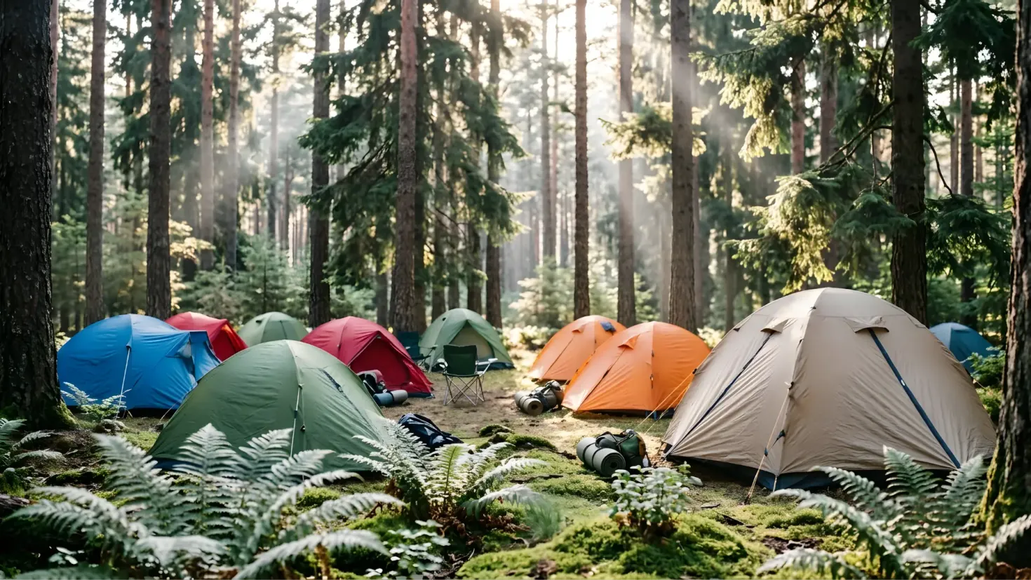 Colorful tents of different sizes pitched at a sunny forest campsite.