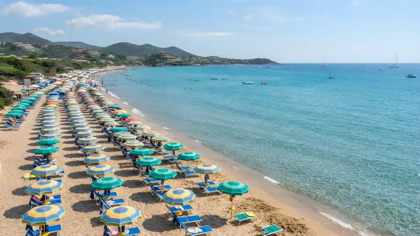 Aerial view of a long sandy Mediterranean beach lined with rows of colorful umbrellas and sun loungers, a clear turquoise sea with small boats, and green hills in the background.