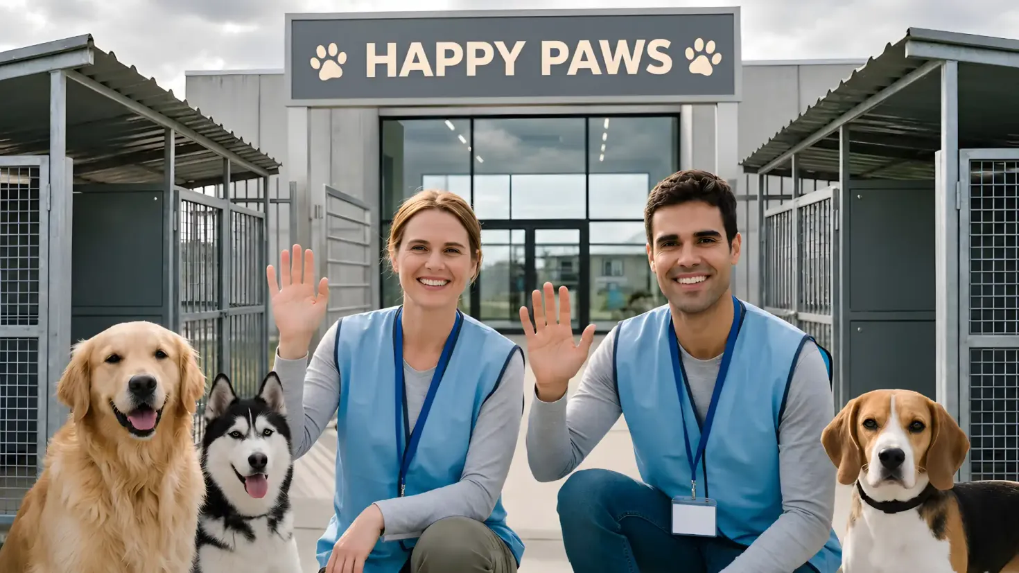 Entrance to a modern dog shelter with volunteers and dogs.