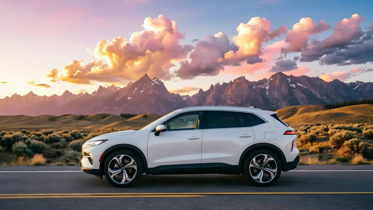 Modern white SUV driving on a scenic highway during a cross-country road trip with mountains at sunset.