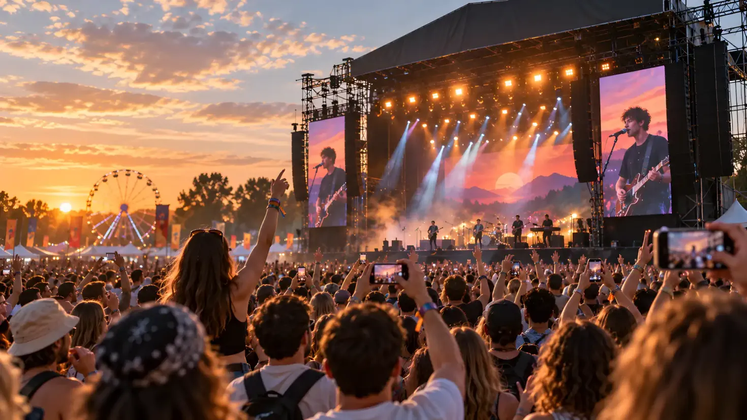 Crowd enjoying a live outdoor music festival at sunset with a band performing on stage.