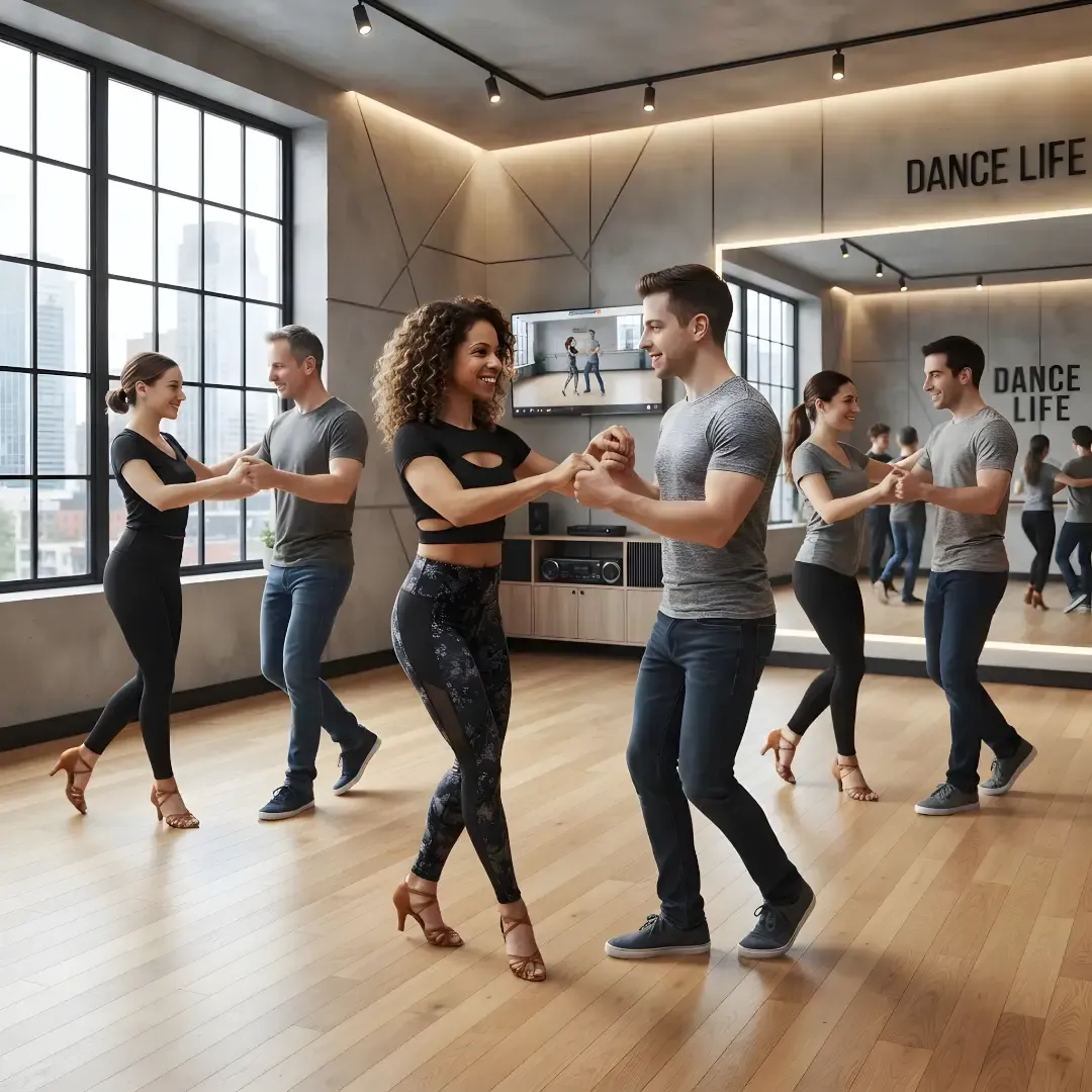 Couples dancing together in a modern dance studio during a partner dance lesson.