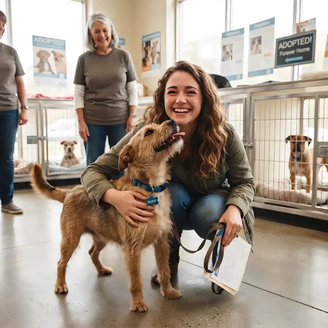Woman adopting a dog at an animal shelter.