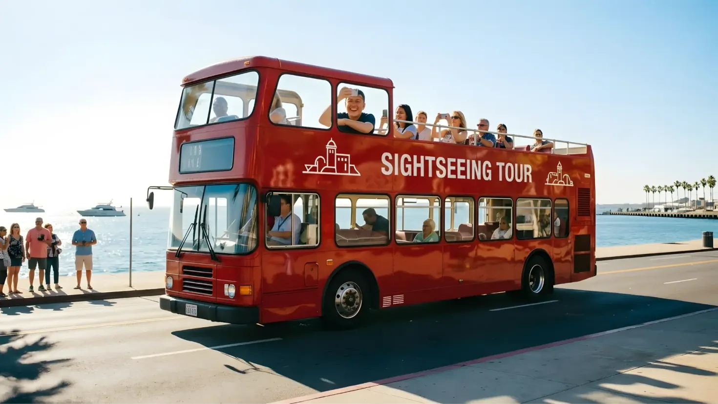 Red open-top double-decker sightseeing bus driving along a sunny coastal road with tourists on the upper deck.