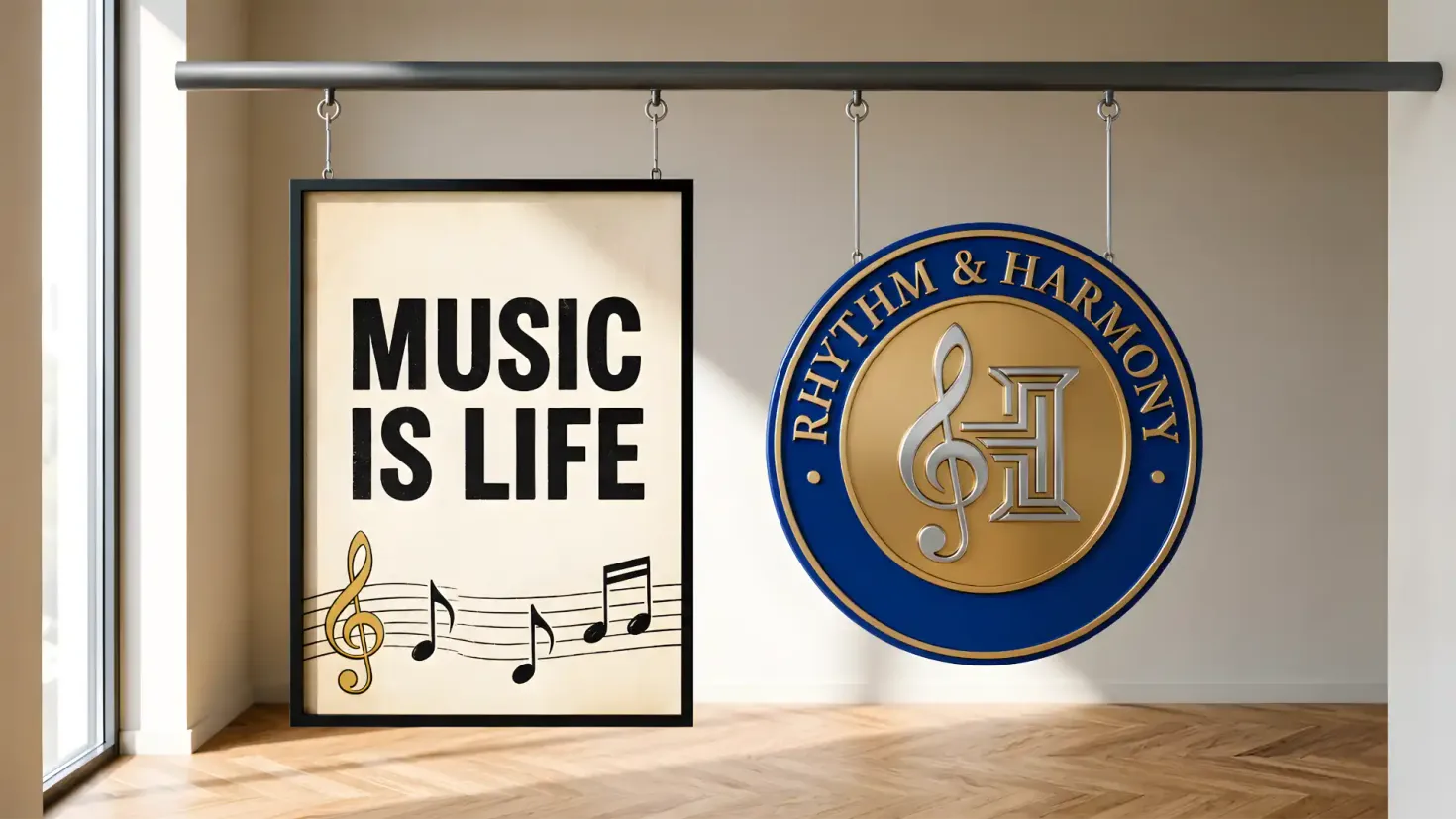 Music academy hanging signs with 'Music is Life' poster and official logo.