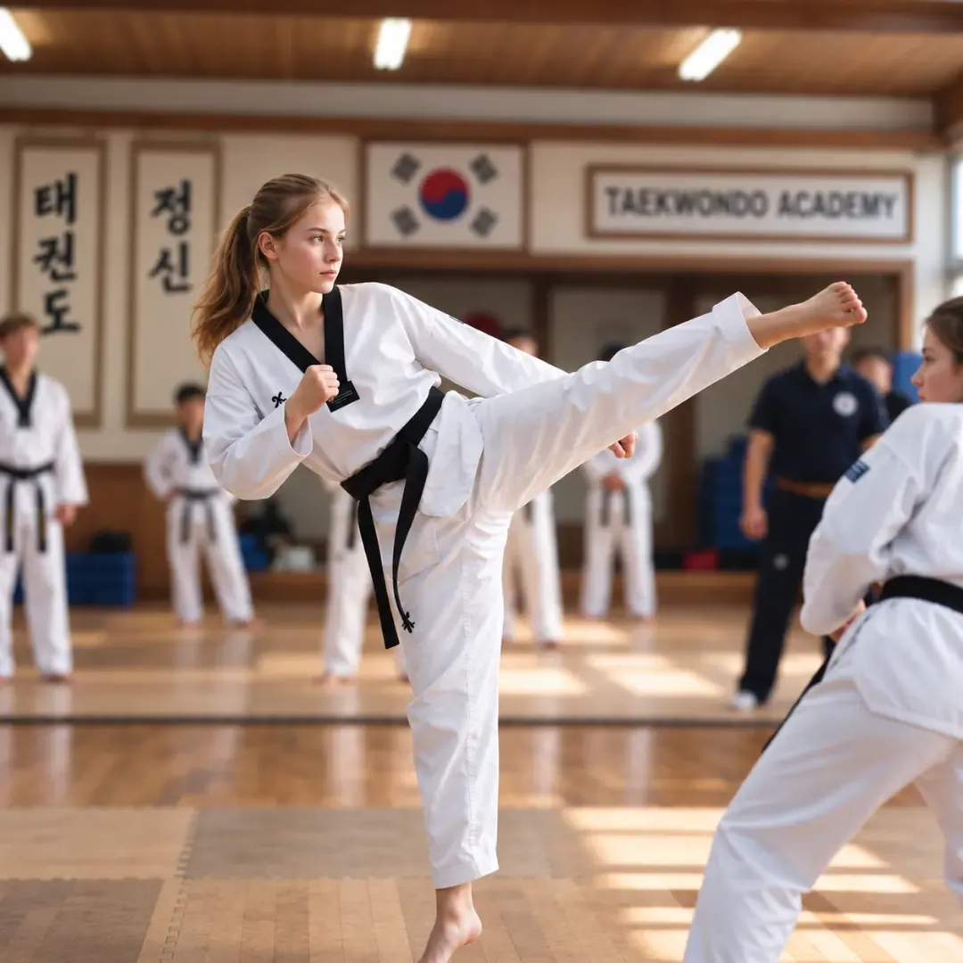 Female black belt practicing a high kick at a taekwondo dojo.
