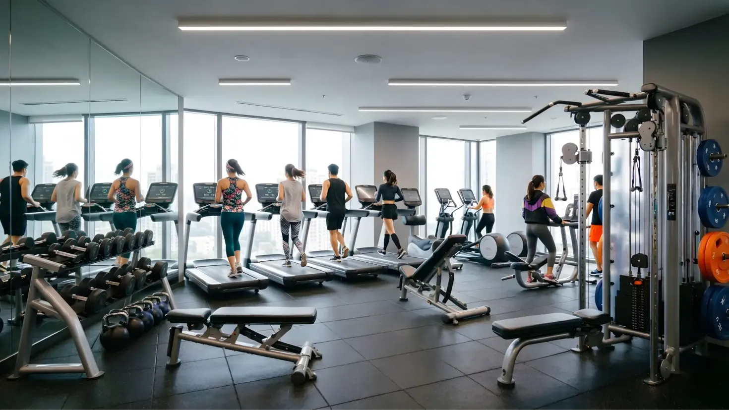 Well-equipped modern gym with treadmills and weight training equipment.
