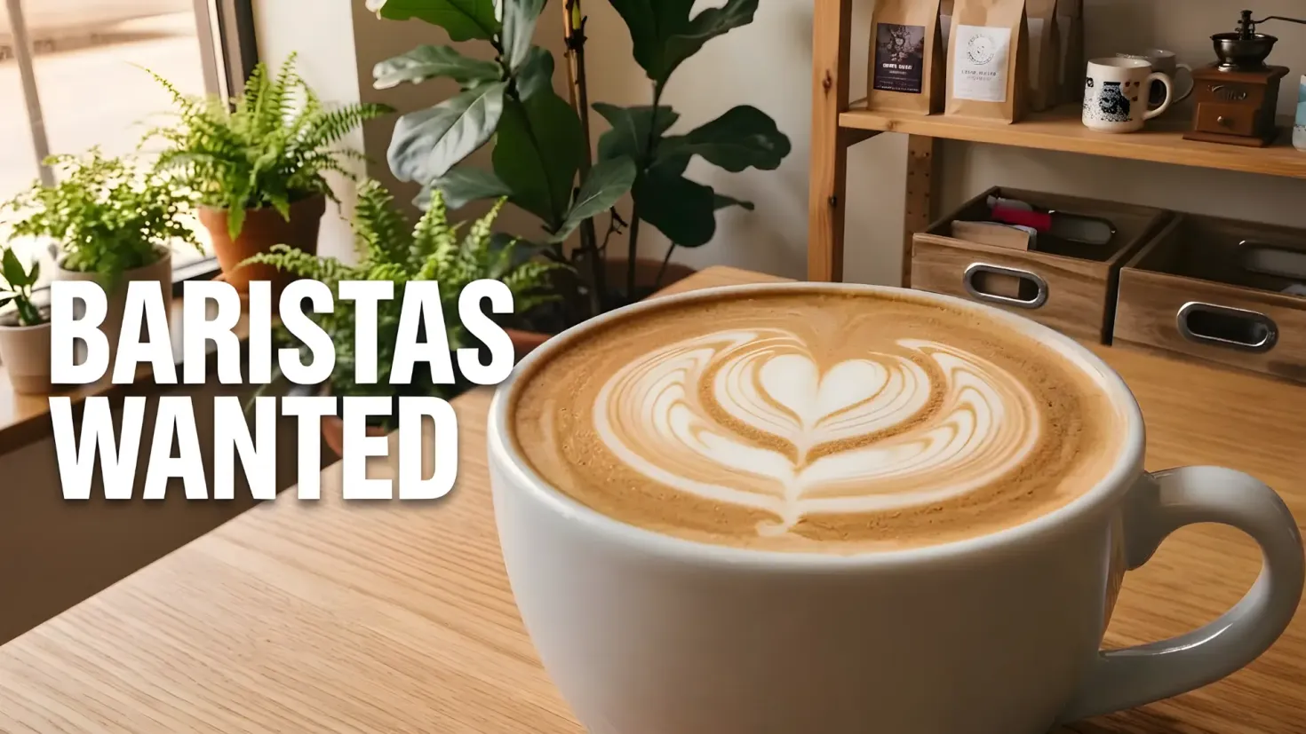 Baristas Wanted sign with a latte art coffee cup.