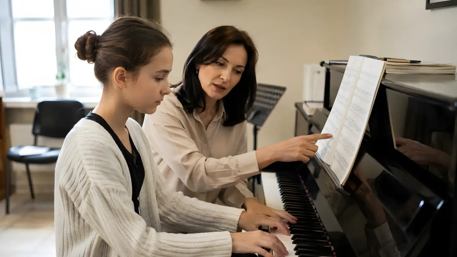 Piano teacher giving a teenage girl a private piano lesson and guiding her through sheet music.