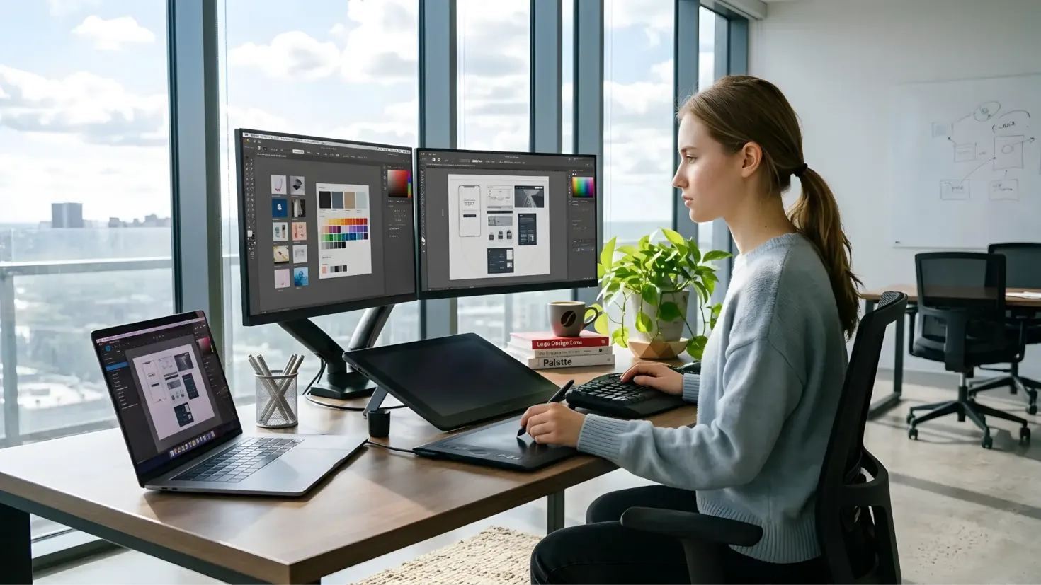 Young female graphic designer working at a modern desk with dual monitors, a laptop, and a graphics tablet.