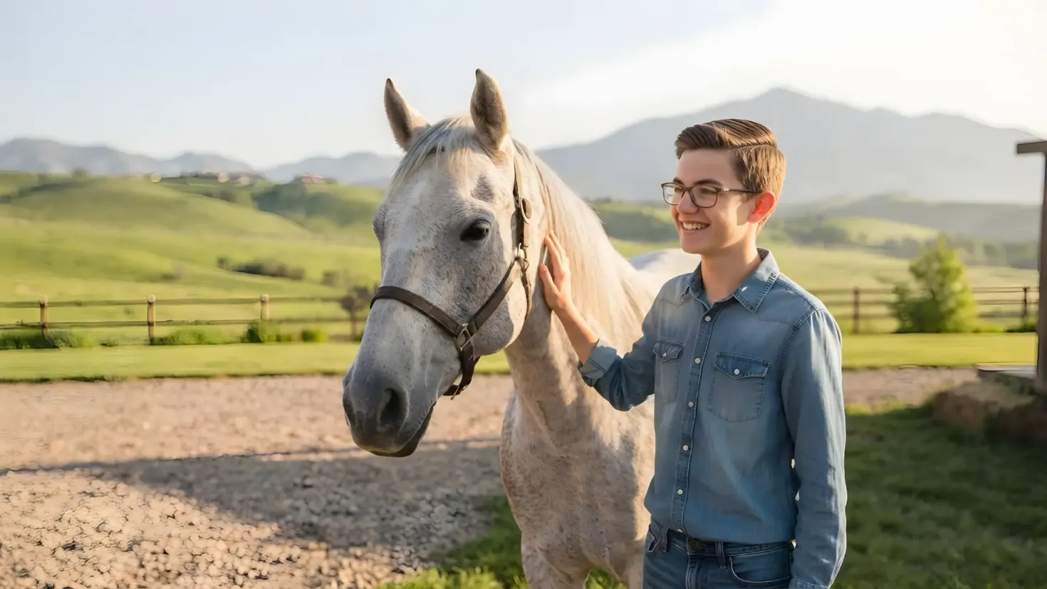 Young man gently petting a light gray horse in a scenic countryside with green hills and mountains.