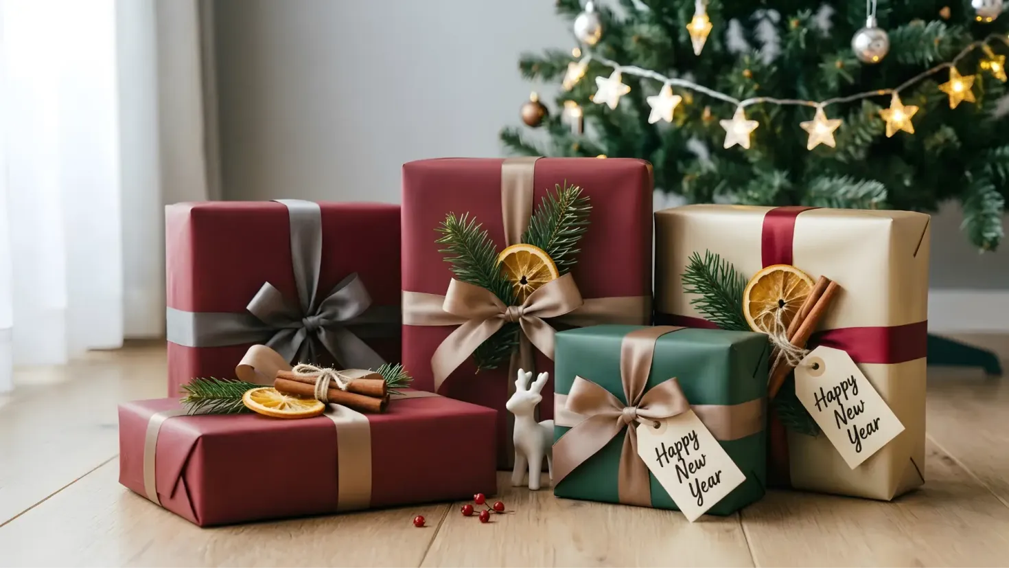 Wrapped New Year gifts with festive decorations.