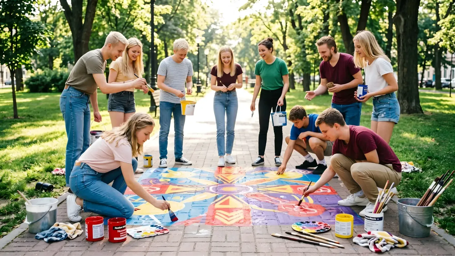 Teenagers painting colorful street art on a park walkway.