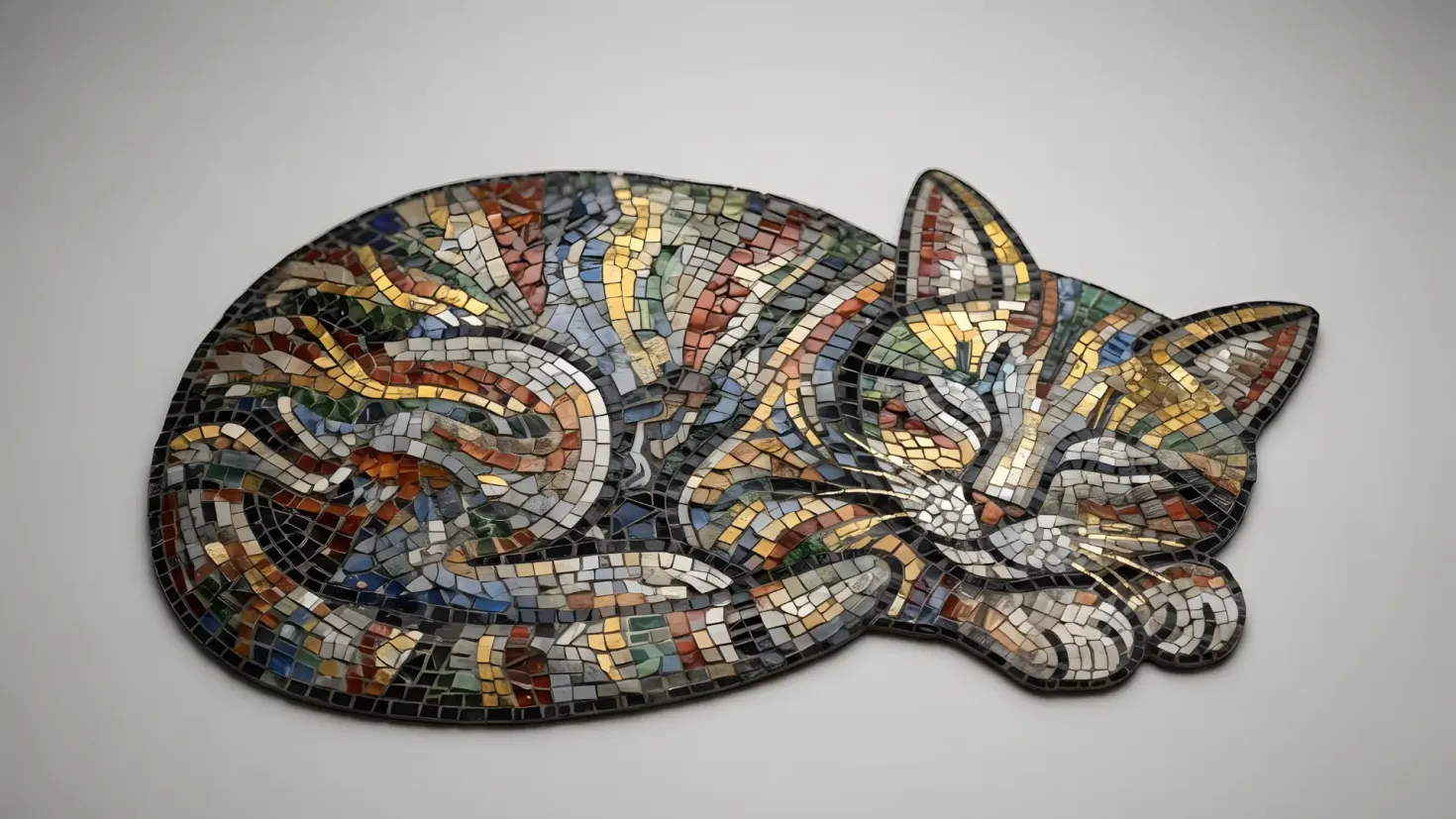 Colorful mosaic artwork in the shape of a sleeping cat on a white background.