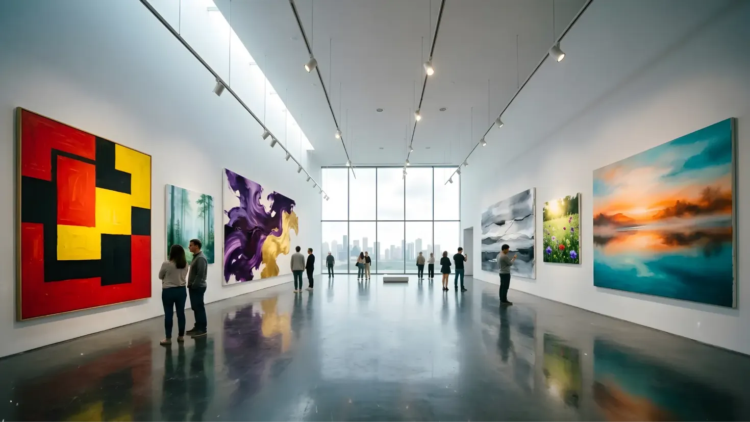 Interior of a modern art gallery with visitors viewing large abstract and landscape paintings on white walls.