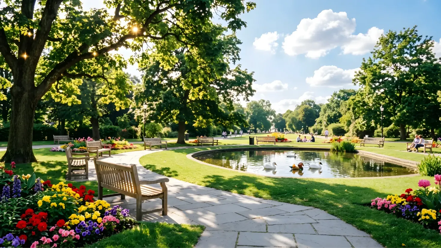 Sunny park with a pond, benches, and flower beds.