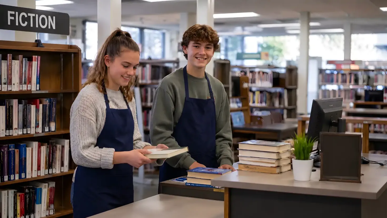 Two young library assistants working at the front desk.