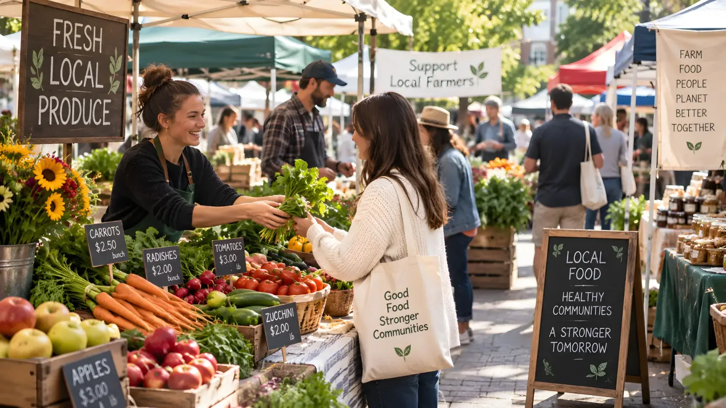 Local farmers market with fresh organic produce, vendor selling vegetables, and shoppers supporting local farmers.