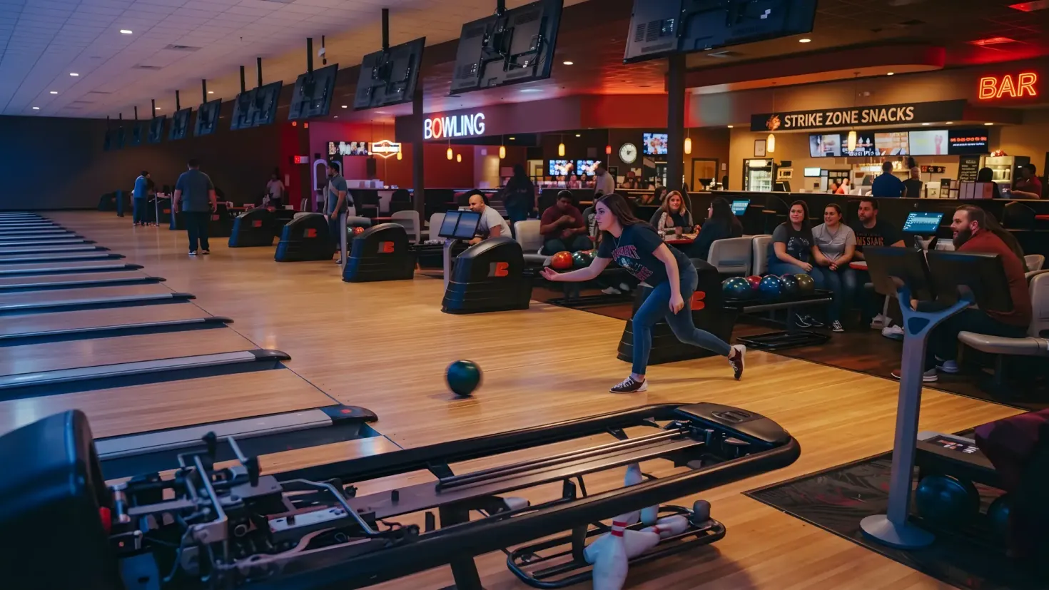Busy bowling alley with a young woman throwing a bowling ball down the lane, neon signs, and a bar in the background.