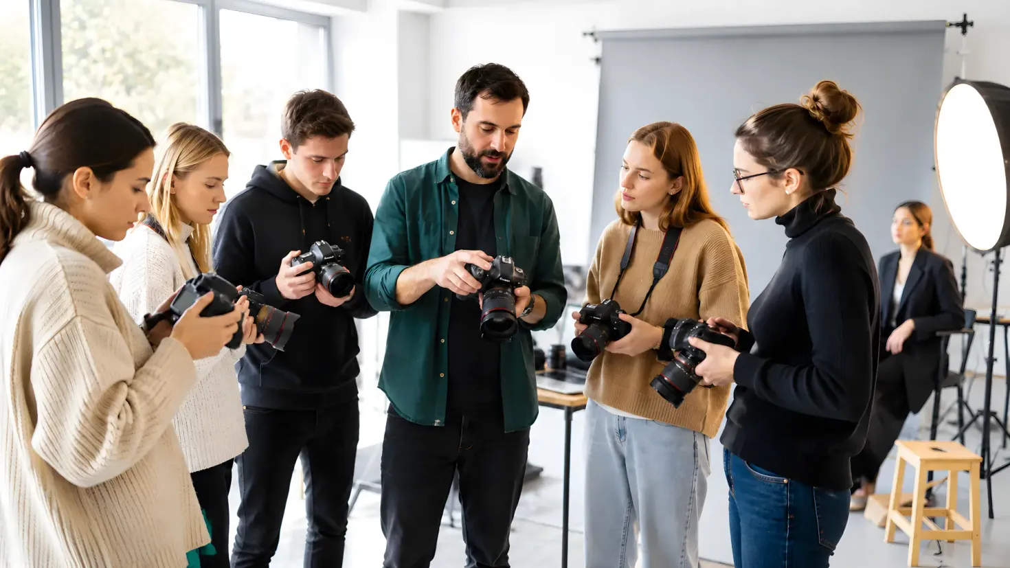 Photography course students learning camera techniques during a hands-on workshop in a bright professional studio.