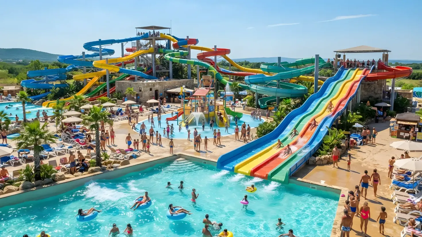 Outdoor water park with colorful multi-lane slides, twisty water slides, and pools full of people on a sunny day.