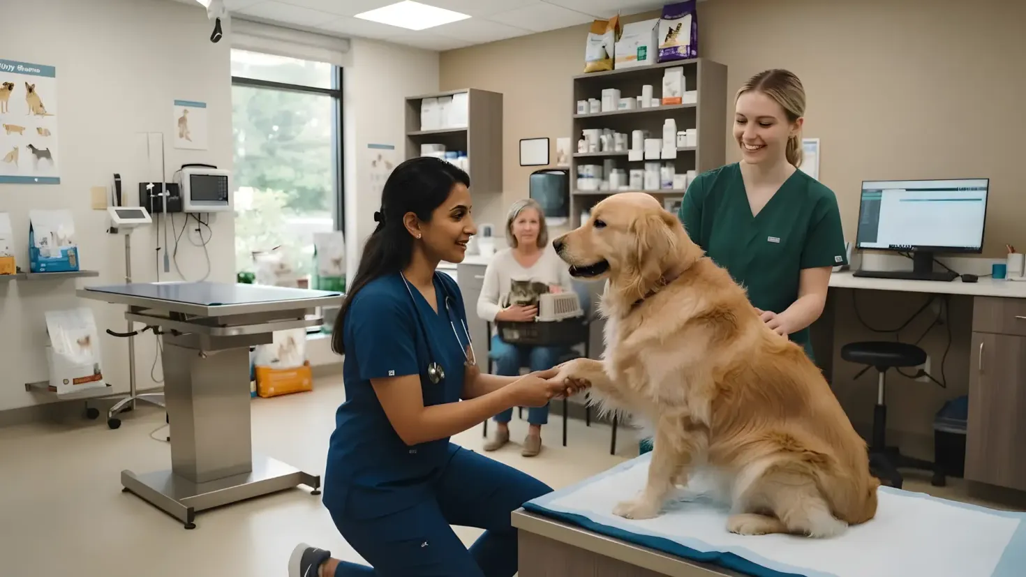 Two female veterinarians examine a Golden Retriever on a table in a clinic exam room, with a client and cat carrier in the background.