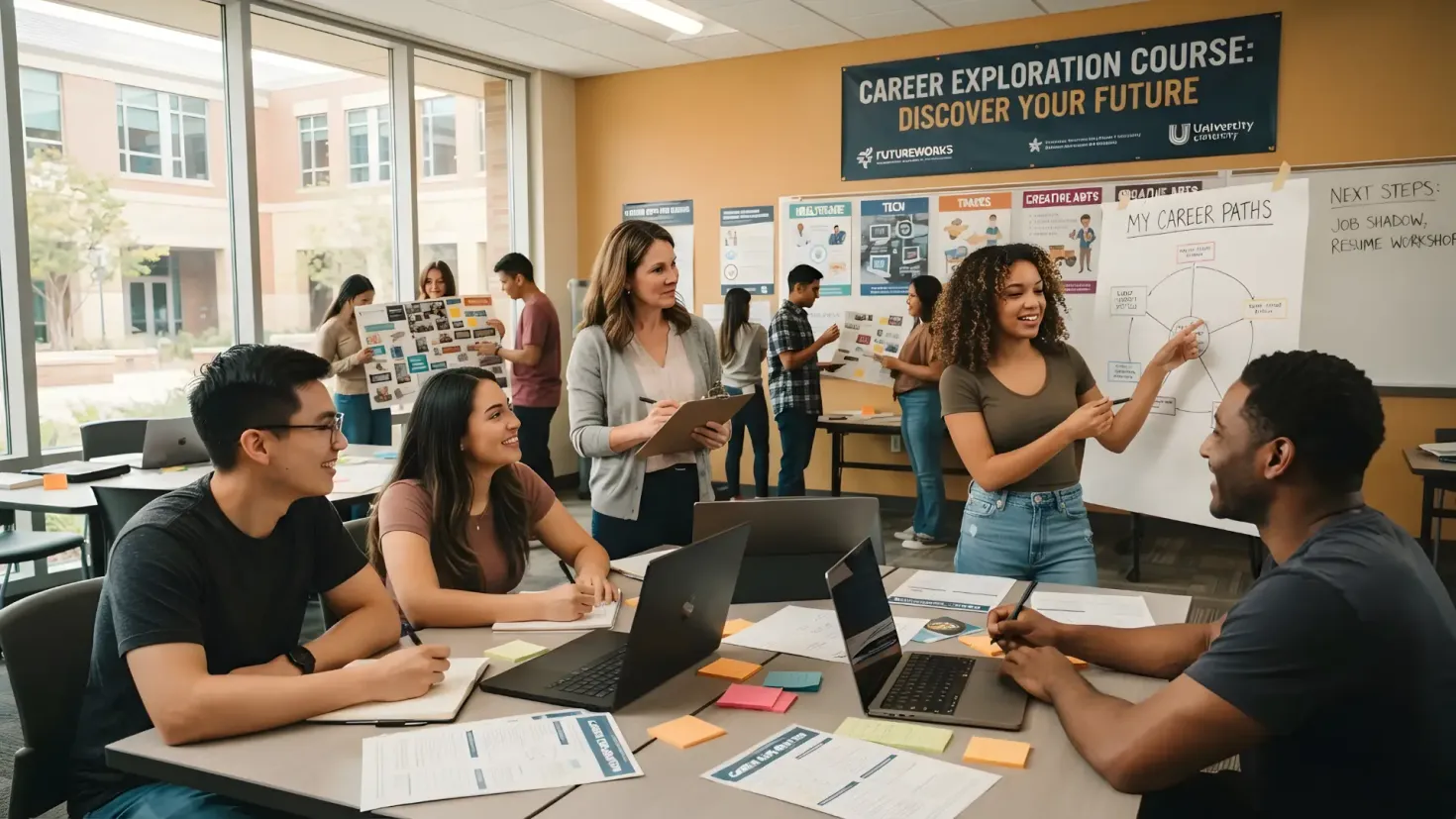 Career exploration workshop with students planning career paths.