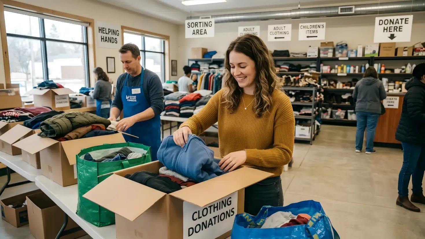 Woman packing clothing donations into a box at a volunteer center.