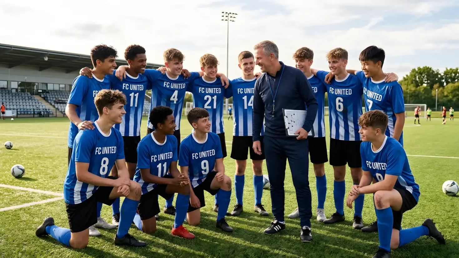 Teen soccer team with coach on pitch.