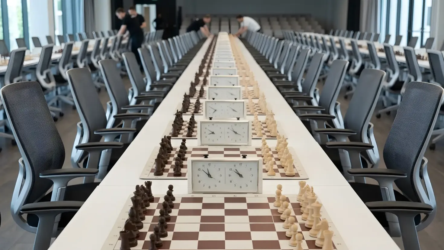 Chessboards with pieces and clocks set up on long tables with ergonomic chairs in an empty tournament hall before a match.