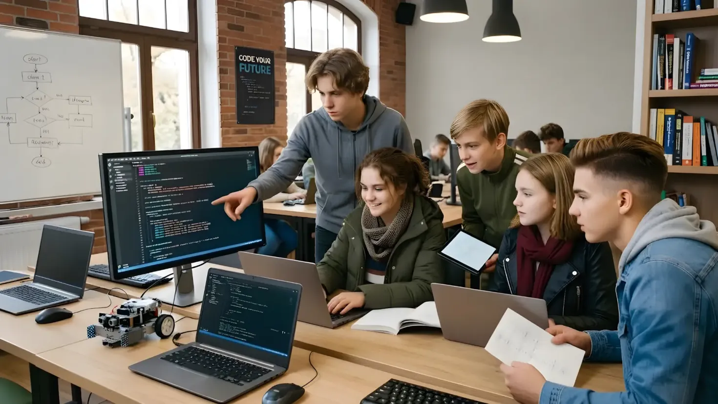 A group of teenagers collaborating on a coding project in a modern classroom, with one boy pointing at a large monitor displaying code while others work on laptops and tablets.