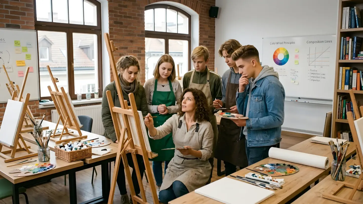 Teenagers learning to paint at wooden easels during an art class.