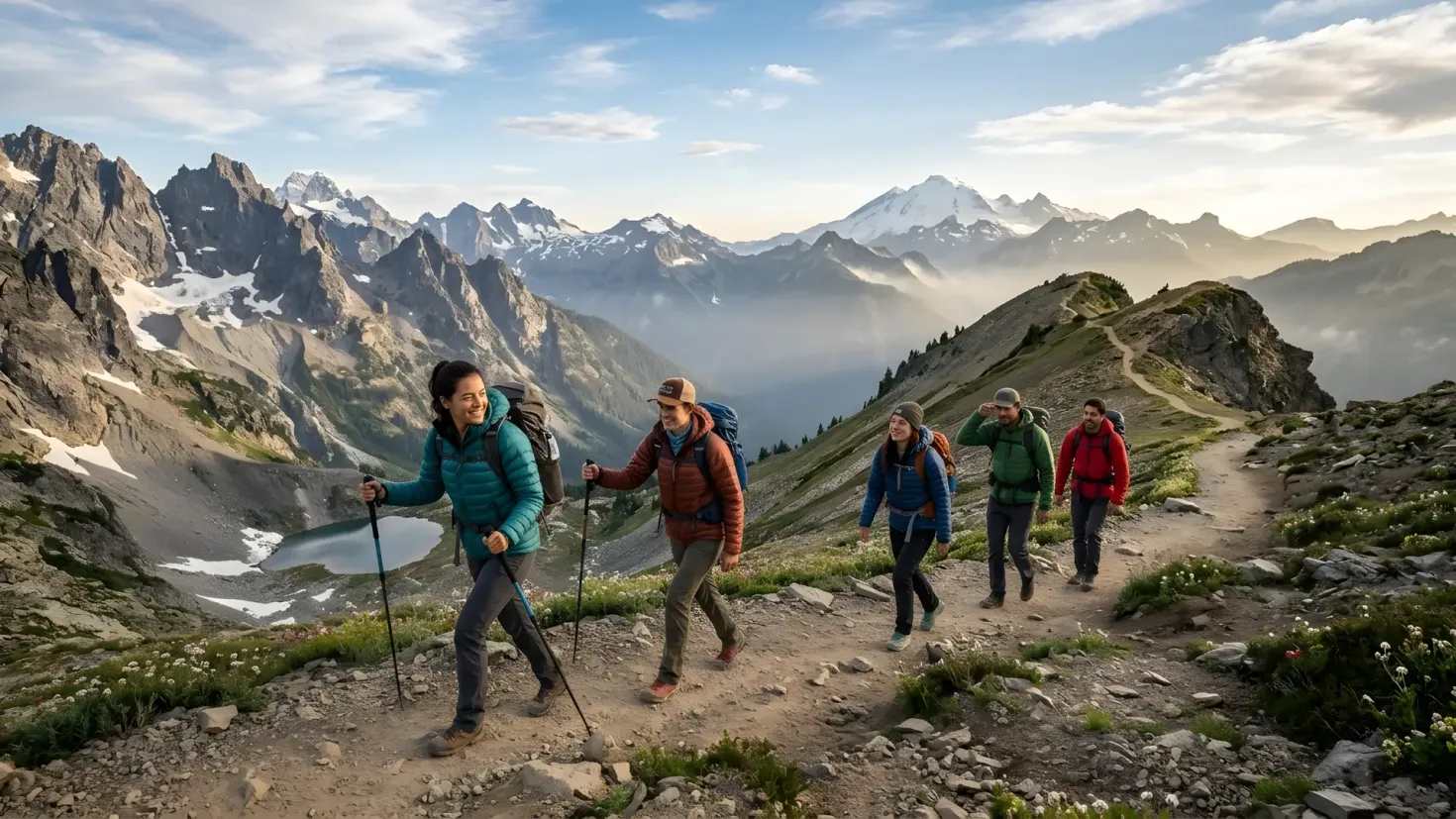 Group of diverse hikers with backpacks and trekking poles walking along a scenic mountain ridge with dramatic peaks and a valley lake in the background.