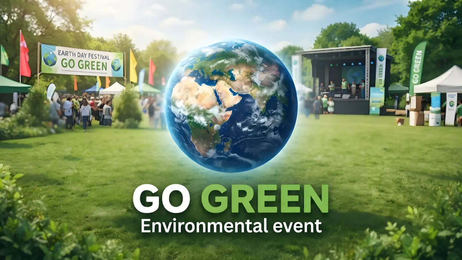 GO GREEN Environmental event banner featuring planet Earth on a green grass background.