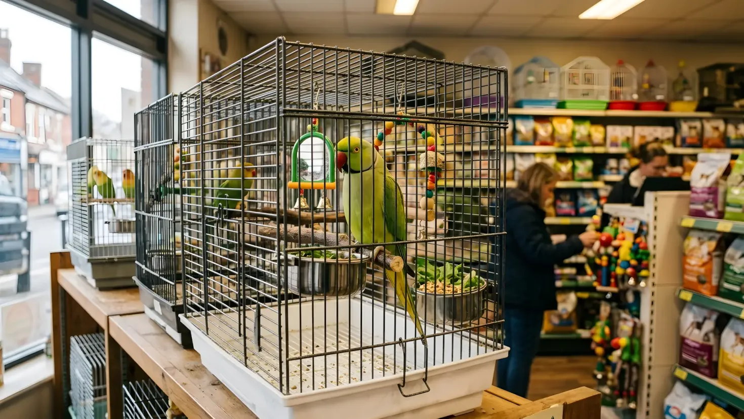 A green parrot sitting on a wooden perch inside a wire cage in a pet shop, with pet supplies, shelves, and store aisles.
