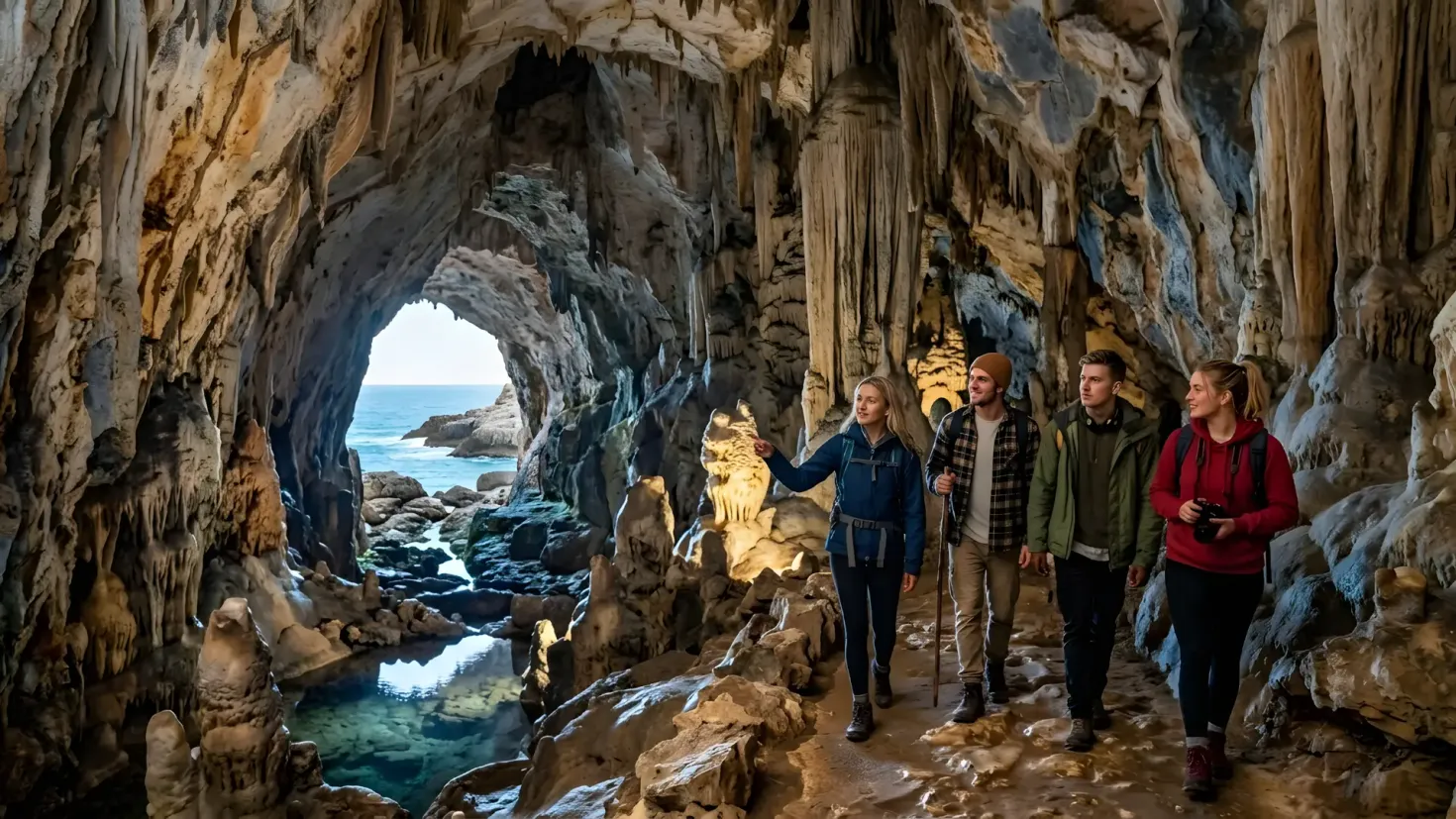 Young people walking through a large, limestone cave with stalactites, stalagmites, and an opening in the background showing an ocean view.