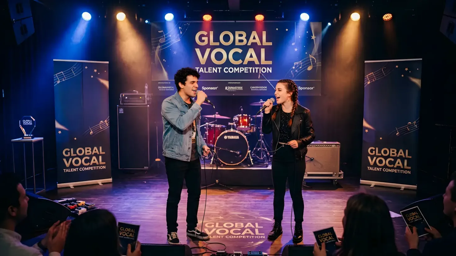 A man and a woman performing on stage at the Vocal Talent Competition.