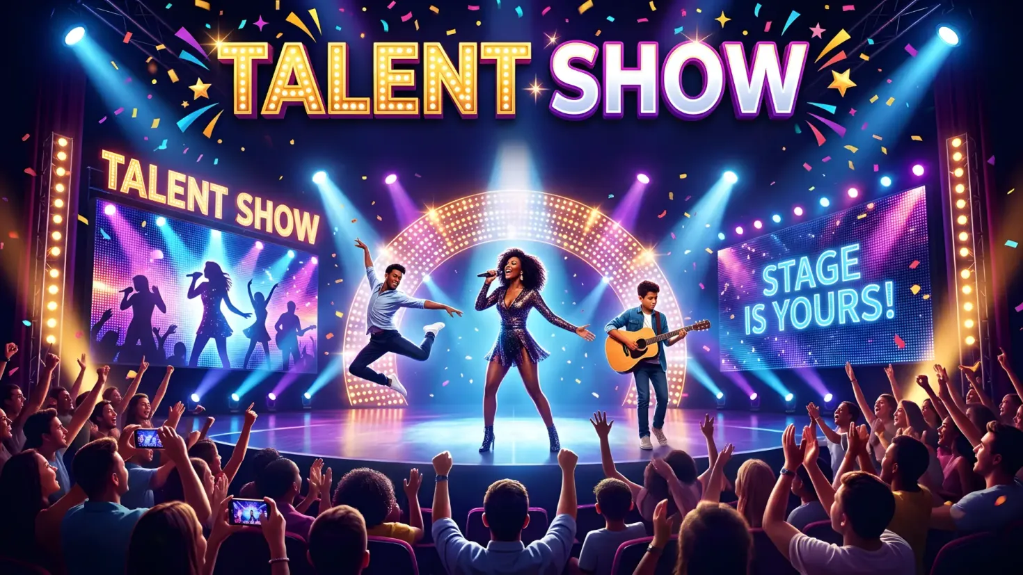Vibrant talent show advertisement featuring energetic performers on a brightly lit stage with a large "TALENT SHOW" neon title, stage lights, confetti, and an cheering audience.