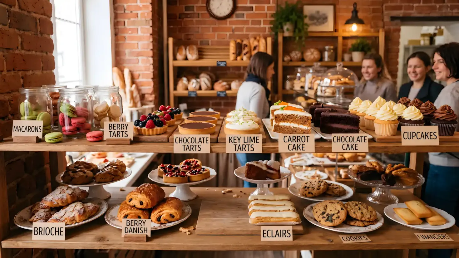 Cozy bakery shelf display with fresh pastry.