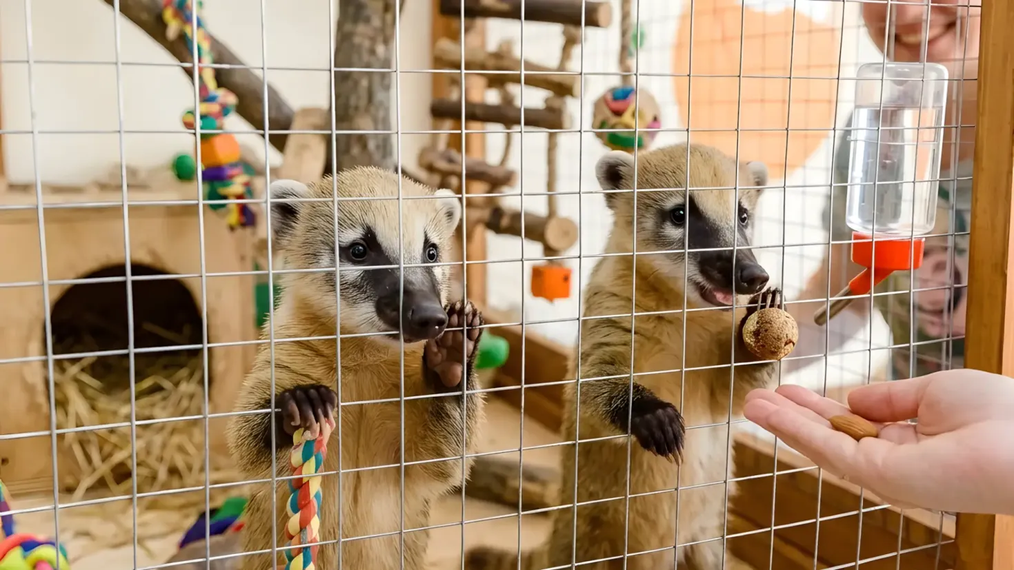 Two cute baby coatis standing on their hind legs inside a clean wooden enclosure, holding colorful rope toy and looking playfully through the wire mesh while interacting with a person.