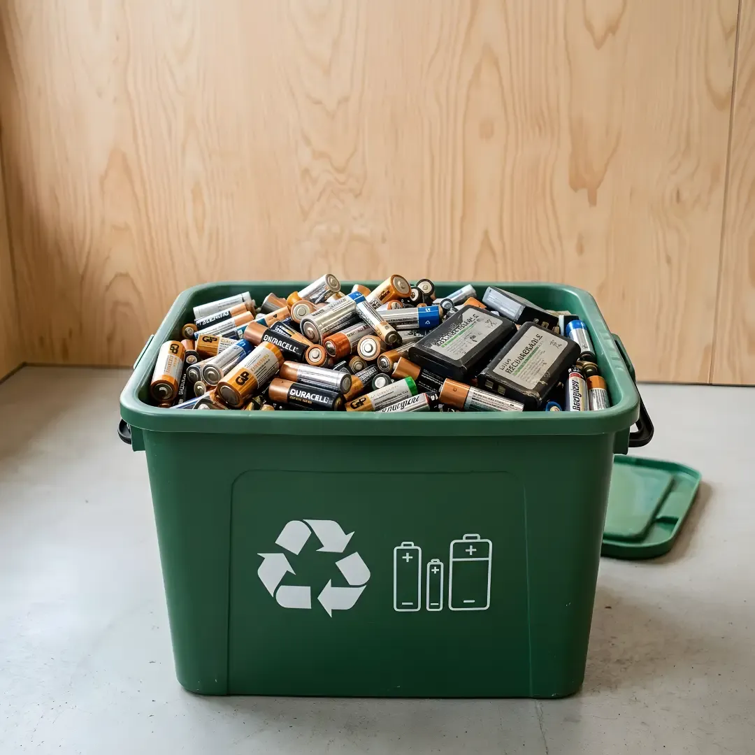 Green recycling container filled with used batteries and rechargeable batteries against a plain plywood wall.