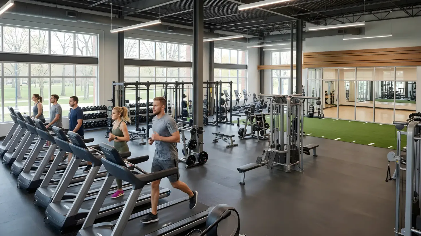 People exercising on treadmills in a modern, spacious gym facility with large windows and weight training equipment.